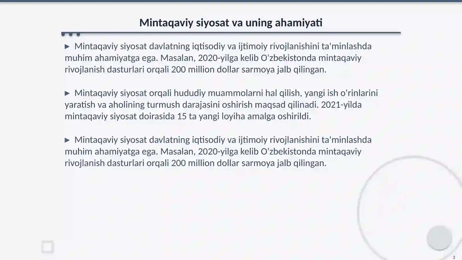 Mintaqalar ijtimoiy-iqtisodiy taraqqiyotda davlatning mintaqaviy siyosati va hududiy boshqaruv organlari faoliyati 3
