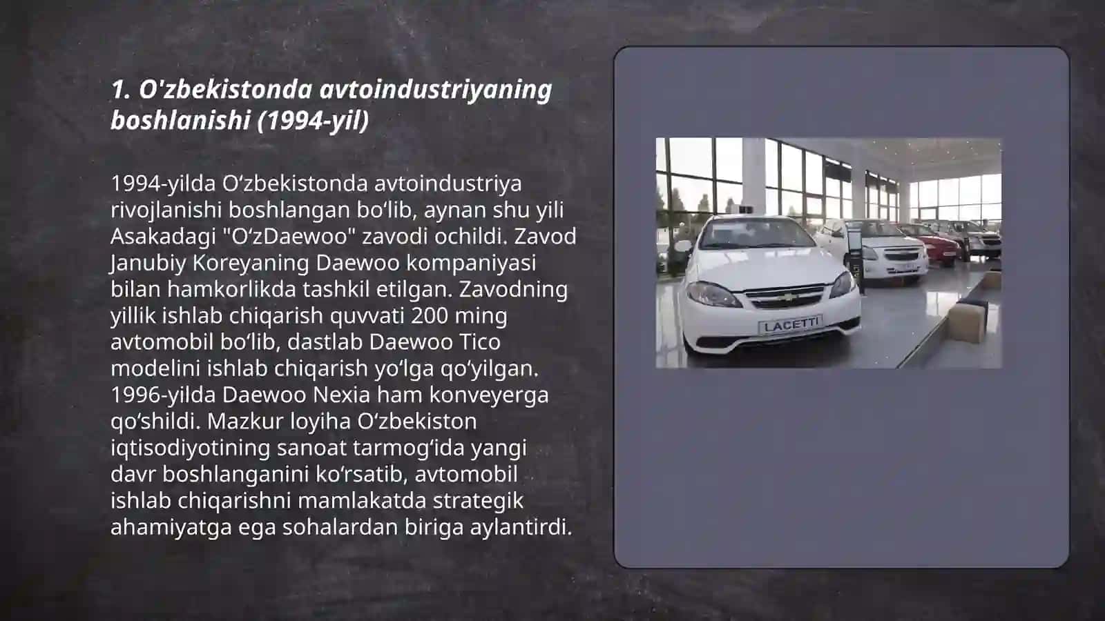 Oʻzbekistonda avtamabilsozlik 1994yilda va2024-yilarda 3