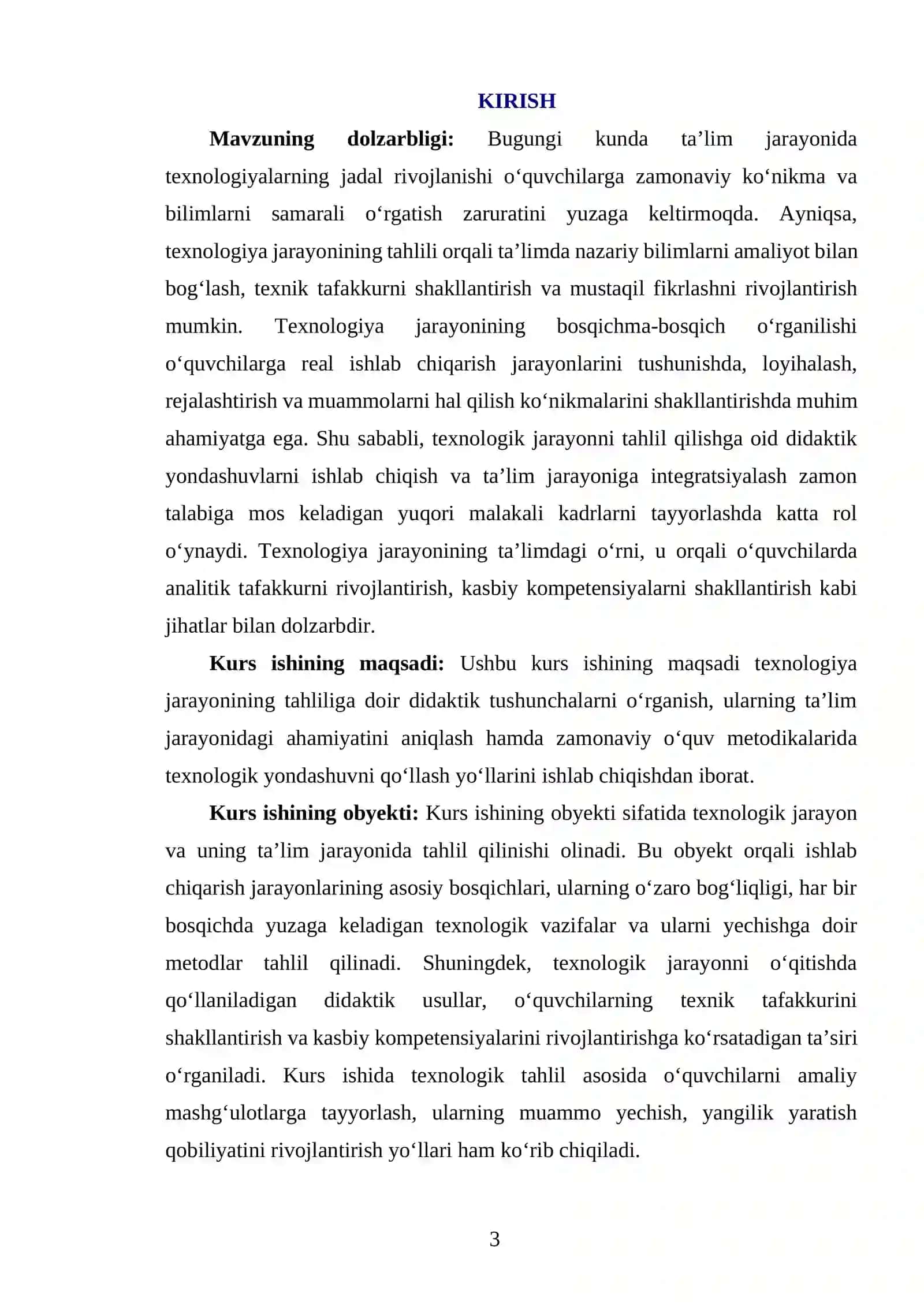 TEXNOLOGIYA JARAYONINING TAHLILIGA DIDAKTIK TUSHUNCHA KURS ISHI 3