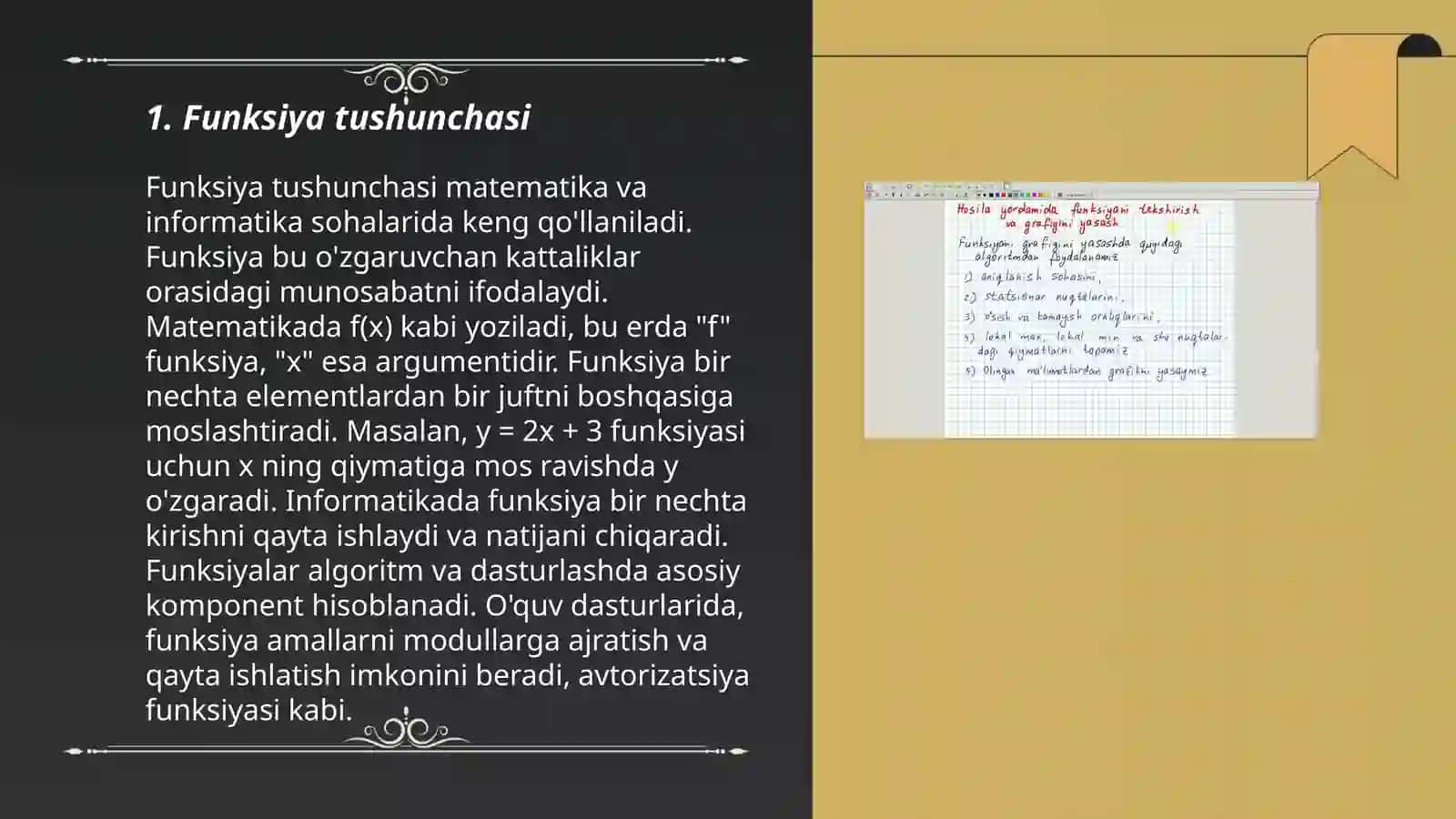 Funksiya haqida tushuncha Funksiyaning berilish usullari Elementar funksiyalar Parameter oshkormas va transendent korinishdagi funksiyalar 3