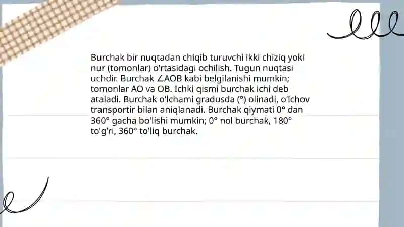 Burchak turlar.Yopiq burchak.Burchak graduslari 3