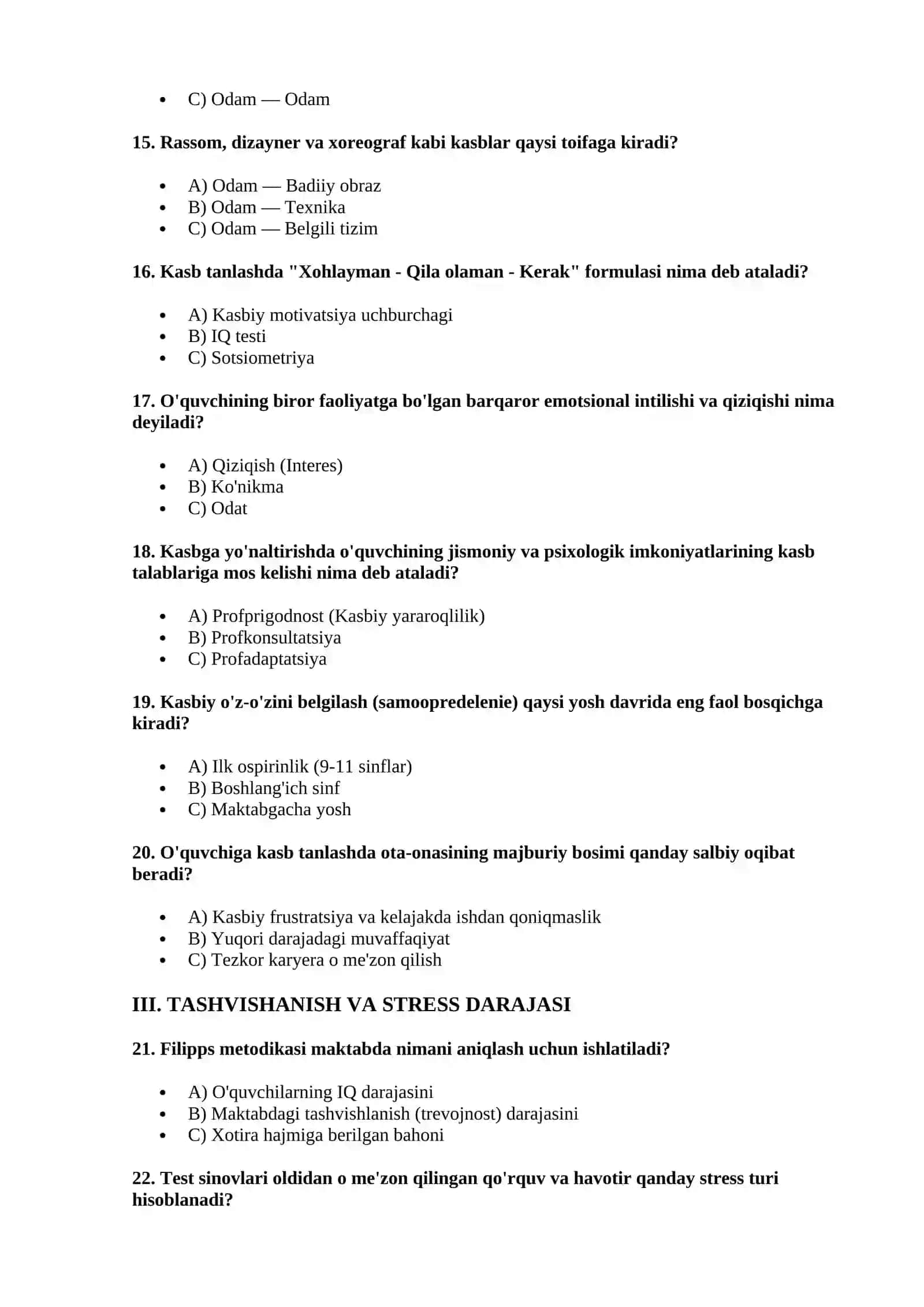 Maktab psixologi va maslahatchilari uchun 100 ta saralangan testlar to'plami (A, B, C variantlari va kalitlari bilan) 3