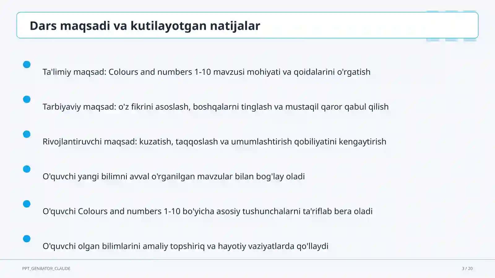 Colours and numbers 1-10 (1-sinf) 3