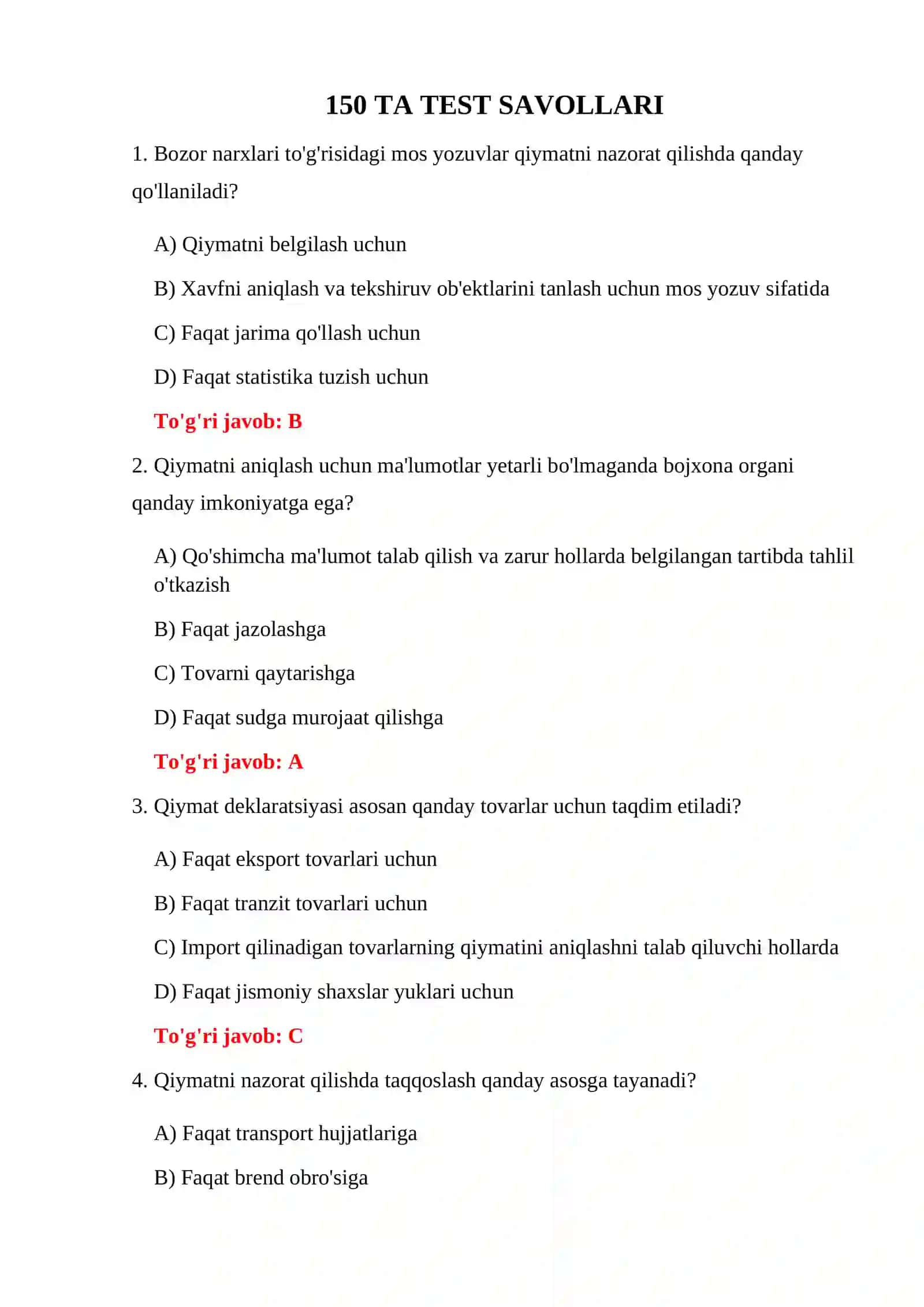 Bojxona test savollari javoblari bilan 3