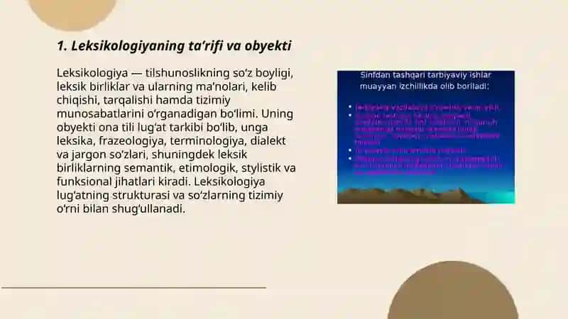 Leksikologiya uning obyekti turlari vazifalari. Ona tili lugʻat tarkibining mano jihatdan tavsiflanishi 3