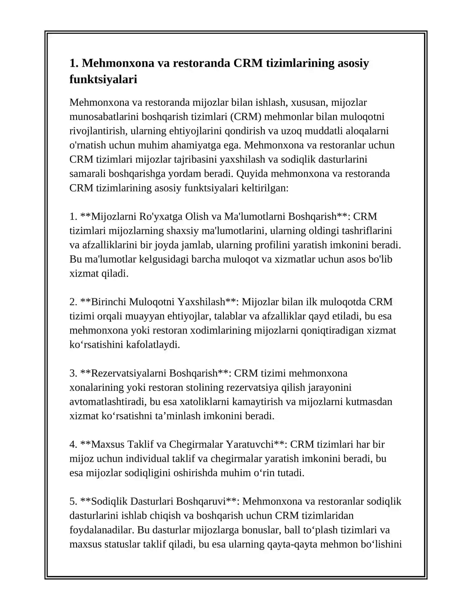 MEHMONXONA VA RESTORANDA MIJOZLAR BILAN ISHLASH(CRM) VA SODIQLIK DASTURLARI 3
