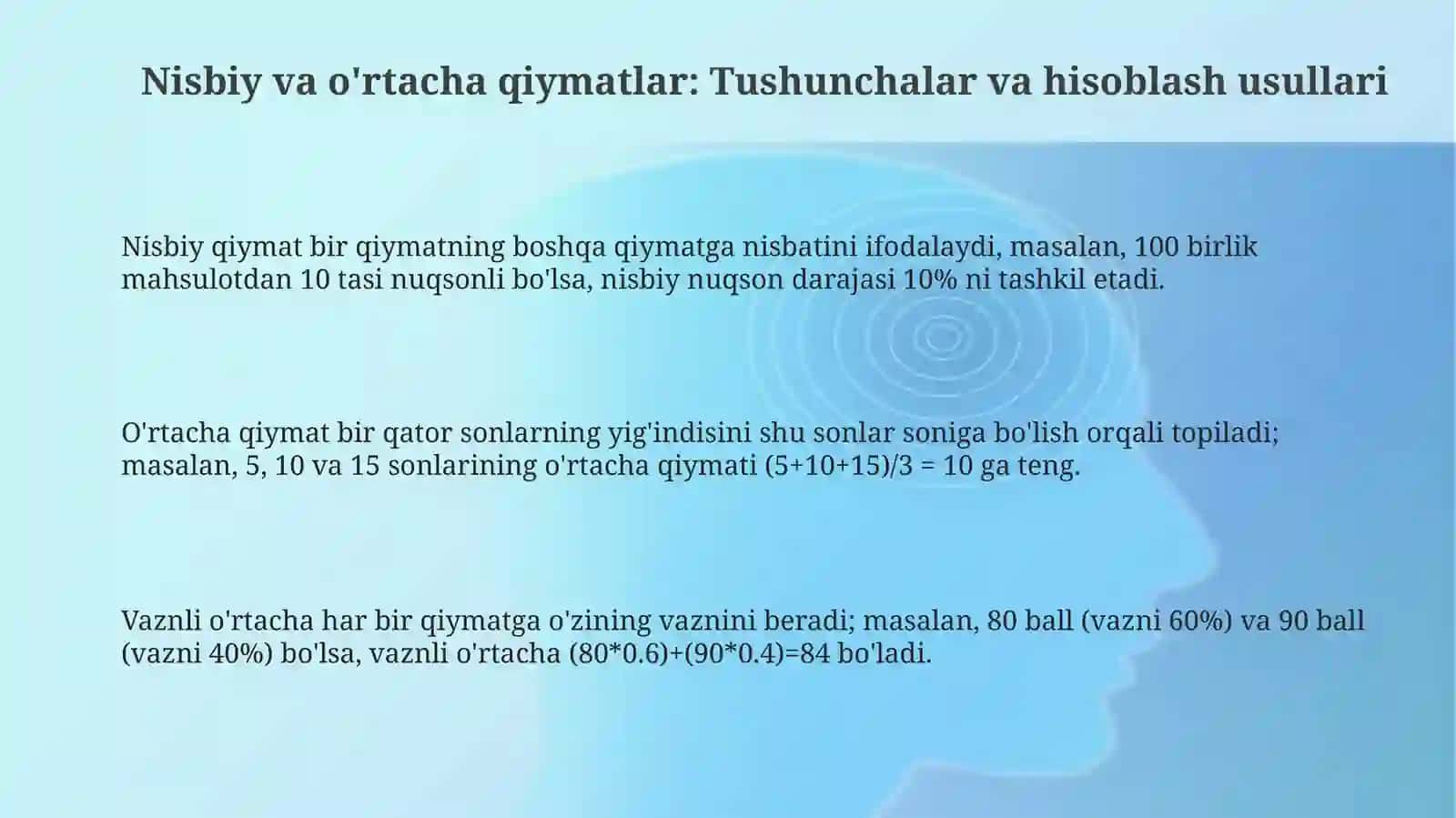 Nisbiy va o'rtacha qiymatlar: Tushunchalar va hisoblash usullari 3