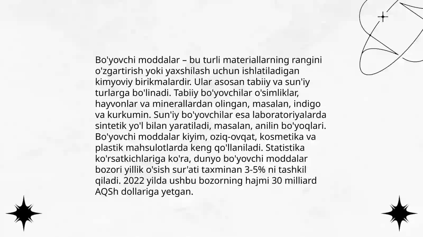 To'qimachilik materiallarini bo'yashda turli sinfdagi bo'yovchi moddalardan turi 3