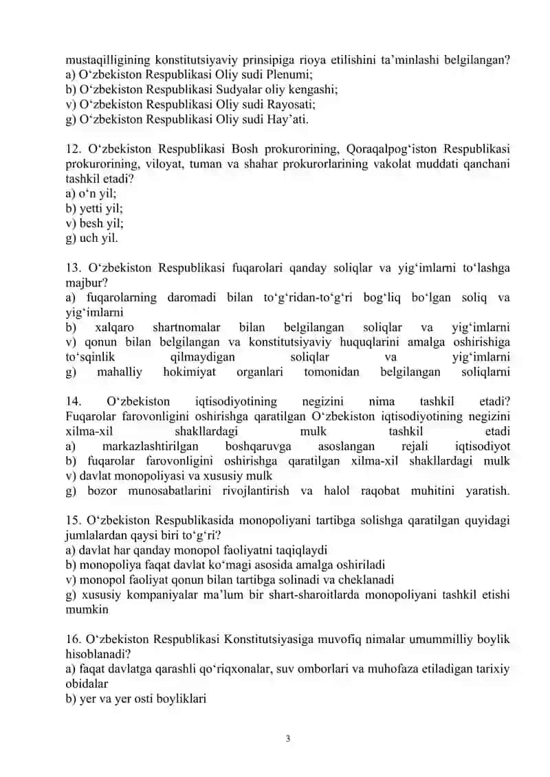 Yangi tahrirdagi O‘zbekiston Respublikasi Konstitutsiyasi fanidan test savollari 3