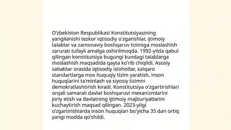 Yangi Tahrirdagi Oʻzbekiston Respublikasi Konstitutsiyasining umumxalq tomonidan qabul qilinishi (2023 y.30 aprel)va uning mazmuni 3