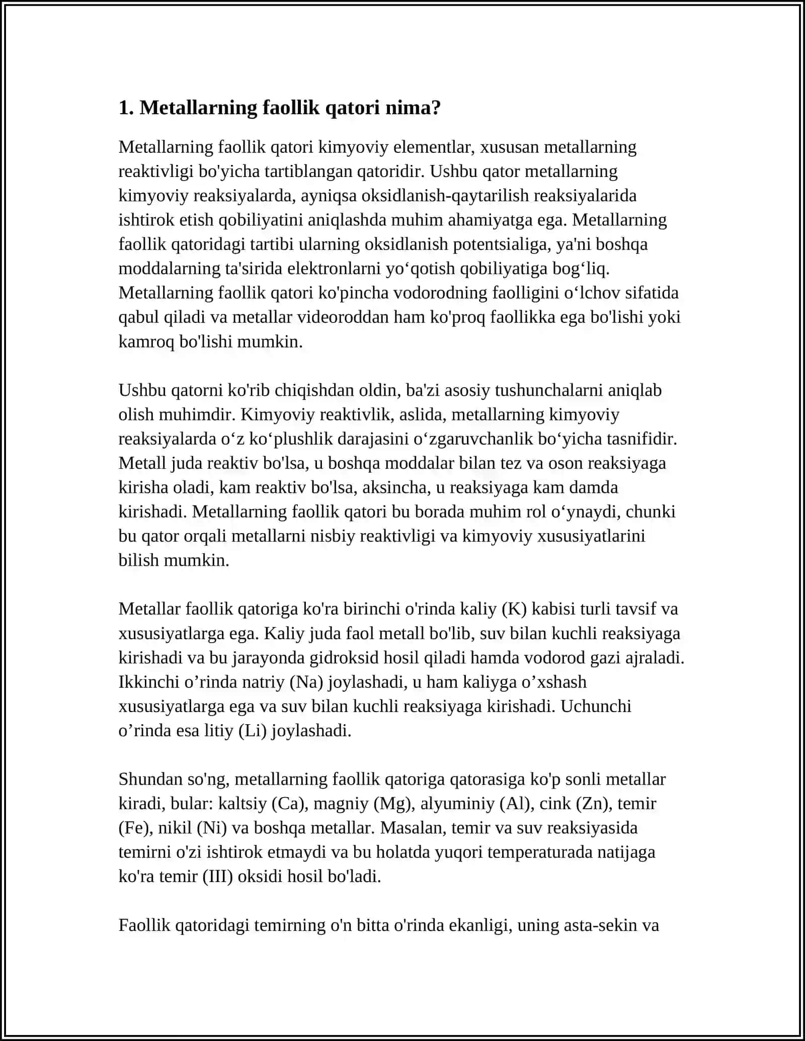 METALLARNING AKTIVLIK QATORIGA DOIR TAJRIBALAR. METALLARNING AKTIVLIK QATORINI TAQQOSLASH 3