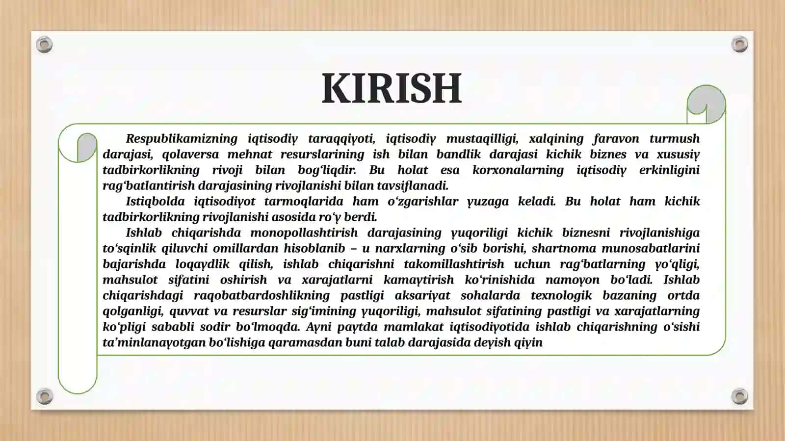 IQTISODIYOTNI ERKINLASHTIRISH VA TARKIBIY O‘ZGARISHLARNI AMALGA OSHIRISHDA KICHIK BIZNESNI RIVOJLANTIRISH ZARURATI. 3