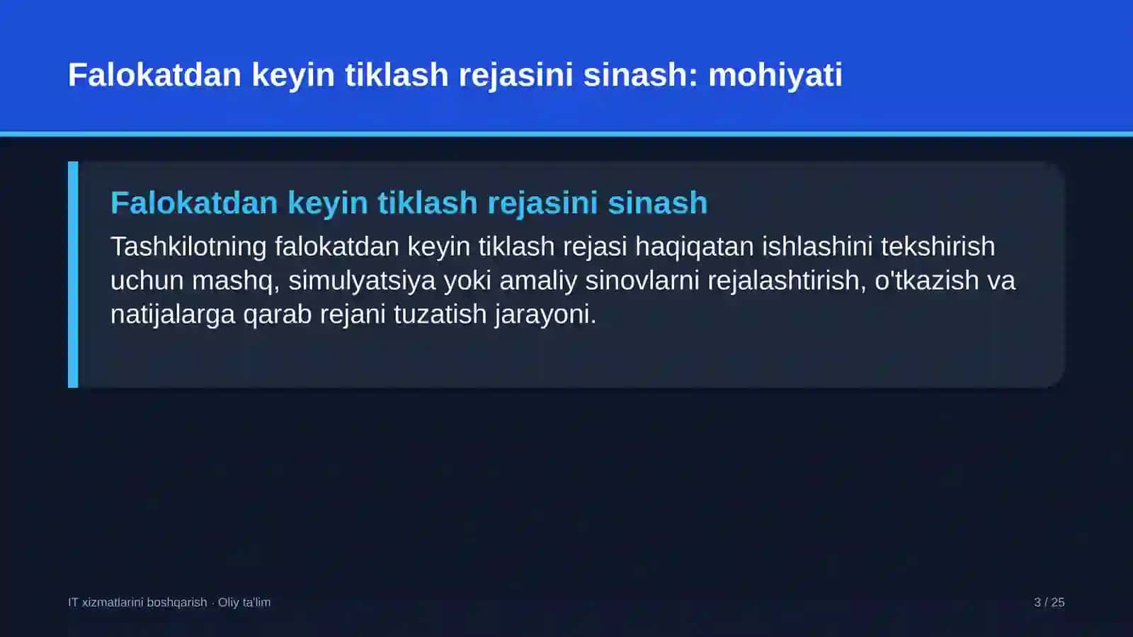 o'quv markazlarida falokatdan keyin tiklash rejasini sinovdan o'tkazish 3055 3