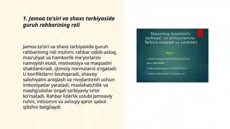 Jamoaning shaxs tarbiyasiga tasiri guruh raxbarning tarbiyaviy ishi 3