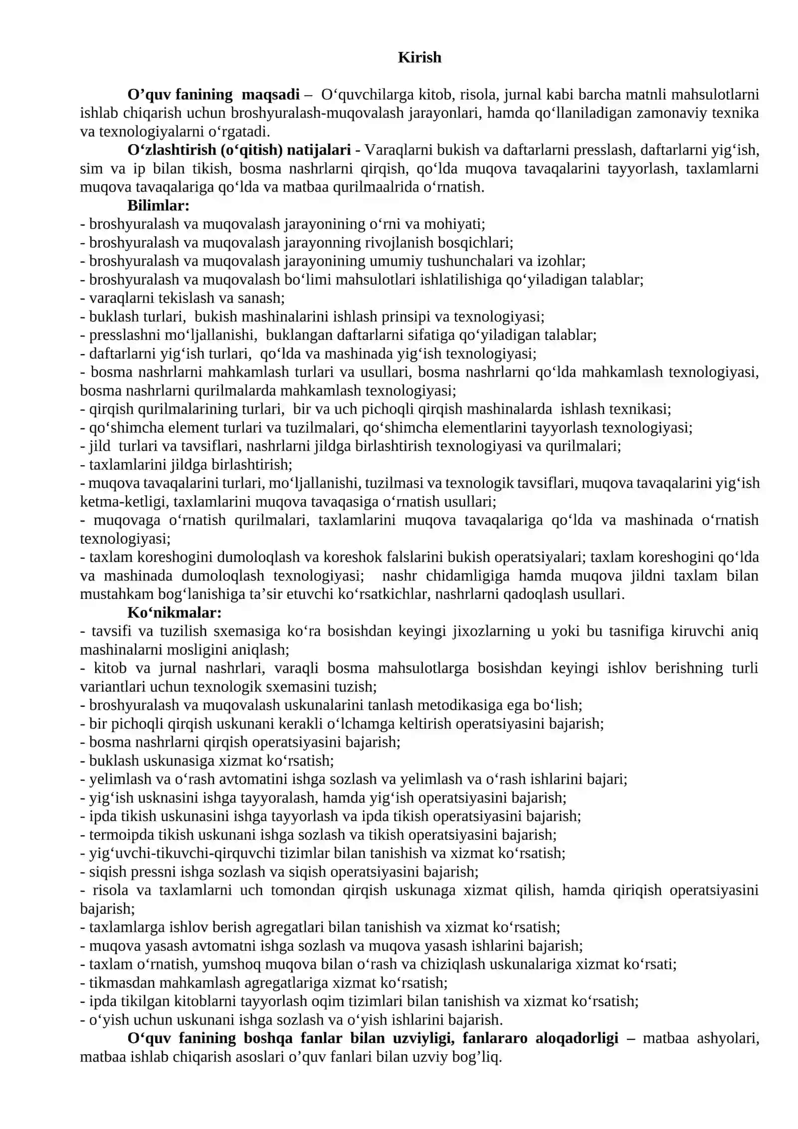 BROSHYURALASH VA MUQOVALASH JARAYONLARI TEXNOLOGIYASI VA USKUNALARI FANIDAN ISHCHI DASTUR 3