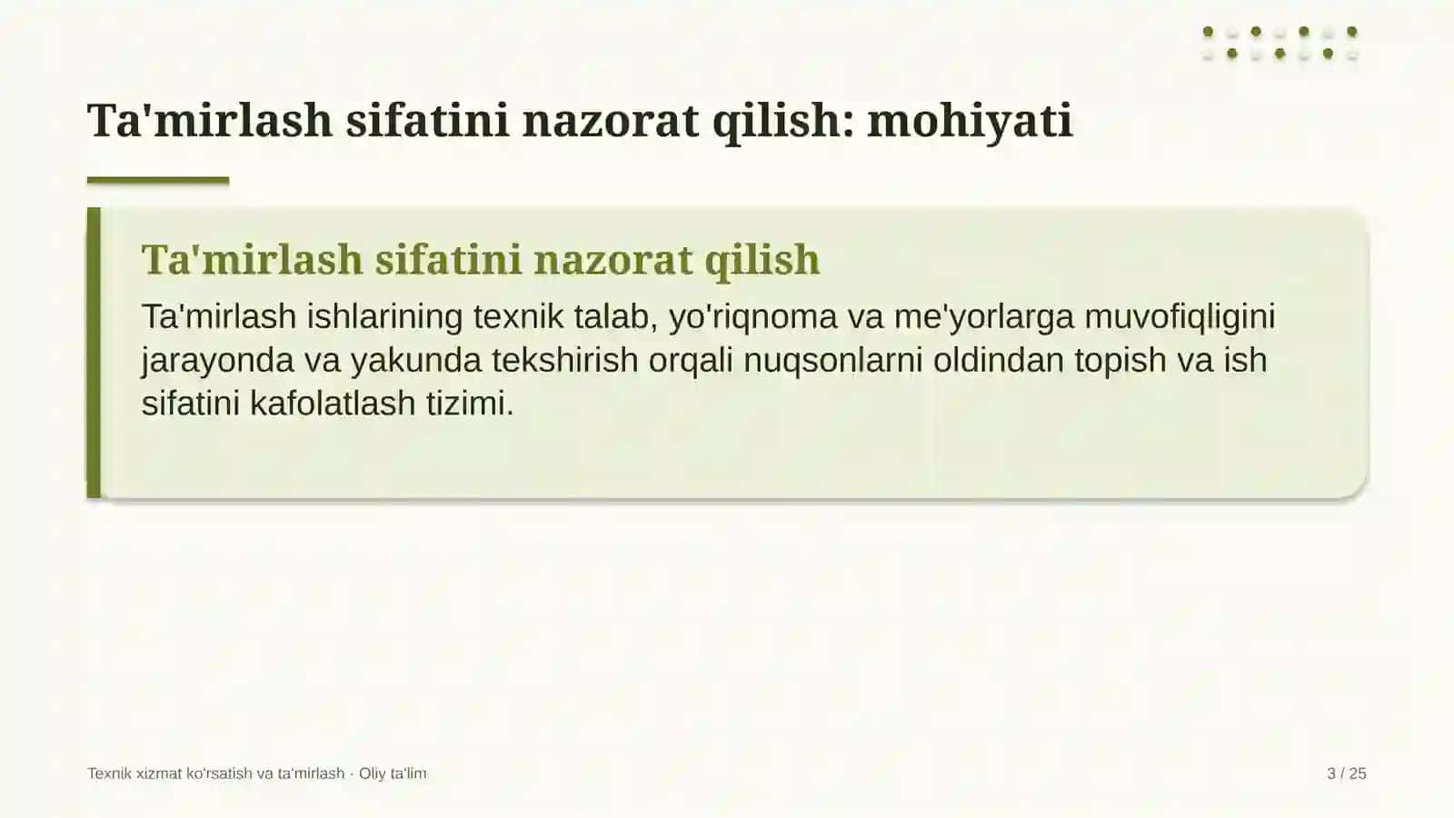 fermer xo'jaliklarida ta'mirlash ishlari sifatini nazorat qilish 8322 3