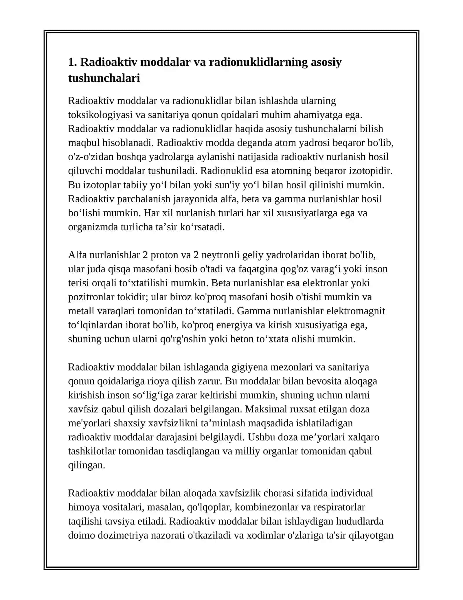 RADIOAKTIV MODDALAR TAKSIKOLOGIYASI. RADIOAKTIV MODDALAR BILAN ISHLAGANDA SANITARIYA QONUN QOIDALARI 3