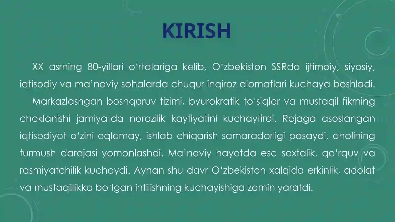 XX-asr 80-yillari o'rtasida respublikamizdagi ijtimoiy-siyosiy, iqtisodiy va ma’naviy hayotidagi inqirozli holat mavzusidagi mustaqil ish taqdimoti Taqdimot 3