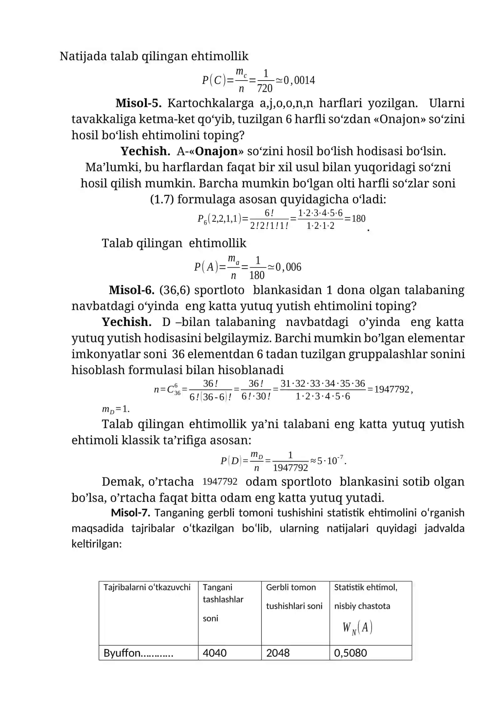 Elementar hodisalar fazosi.Tasodifiy hodisalar va ehtimolning turli ta`riflari. Ehtimollarni qo‘shish, ko‘paytirish teoremalari. To‘la ehtimol formulasi. Bayes formulasi 3