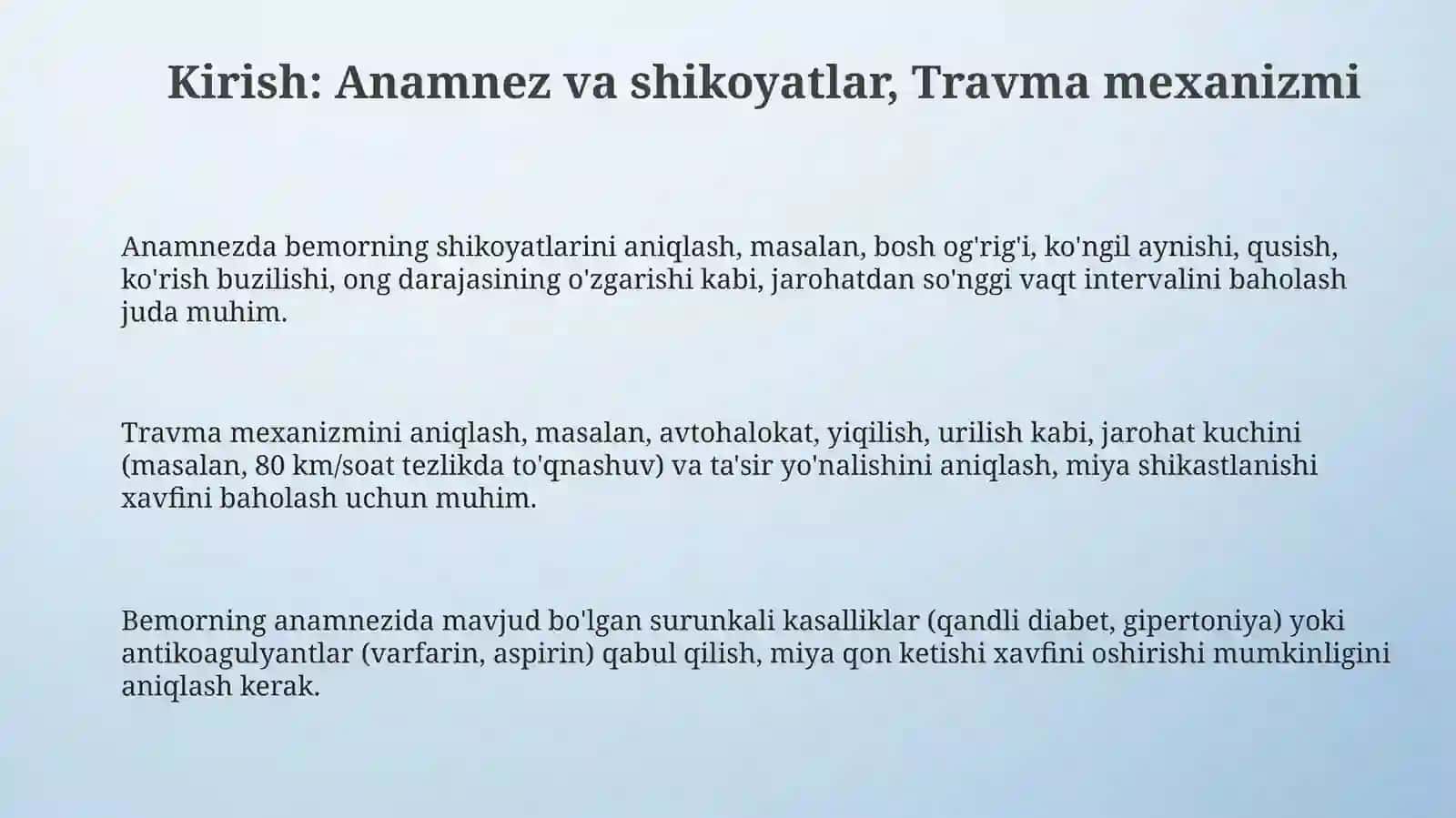 Shoshilinch holatlar nur tashxisi. Bosh miya va umurtqa pog‘onasitravmasi 3