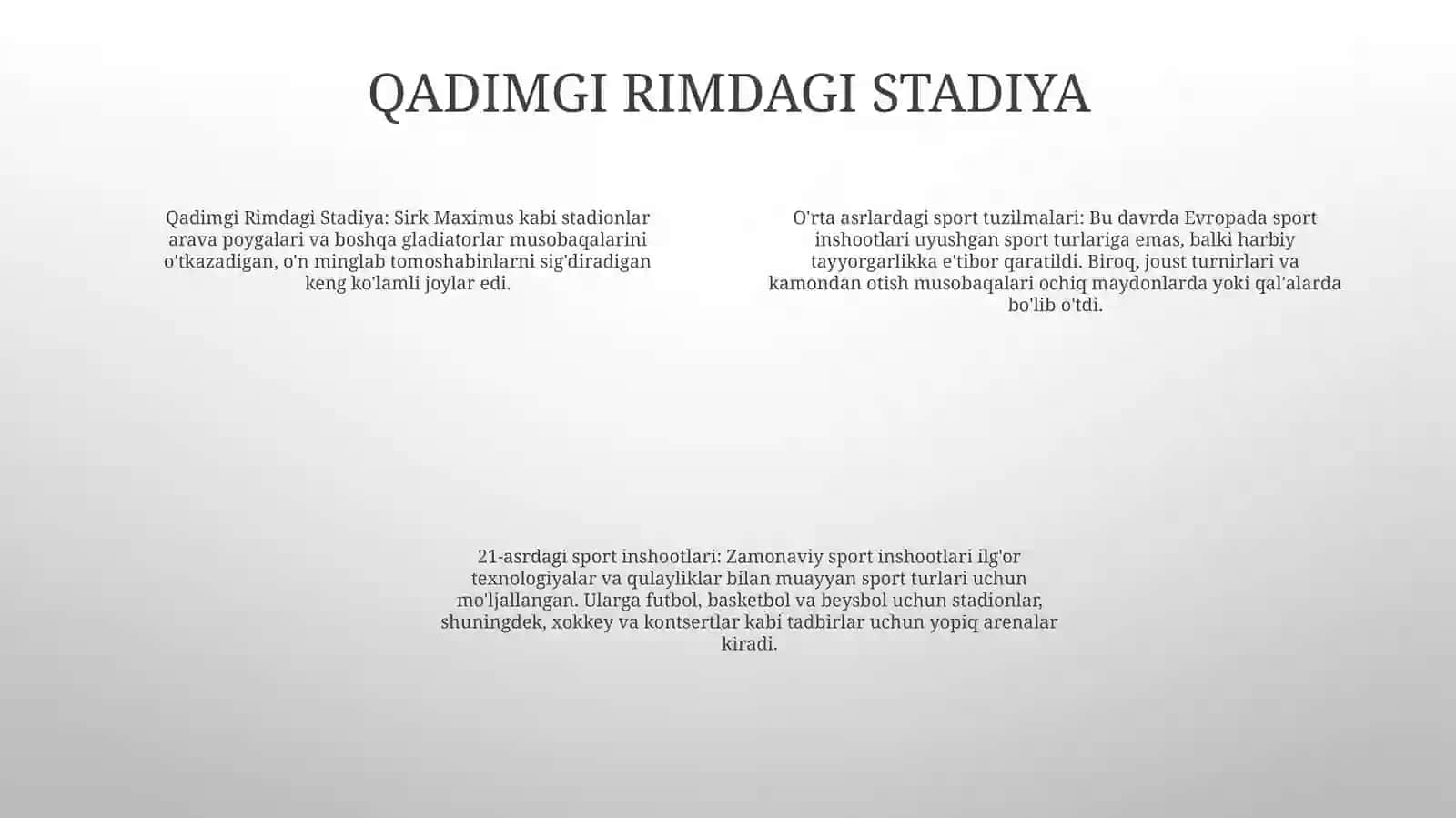 Qadimdi Gretsiya Va Rim Davlatlarida O'Yingohlarni (Stadionlarni) Asosiy Tavsifi,O'Rta Asrlarda Sport Inshoatlari Va Xxi Asrlarda Sport Inshoatlari 3