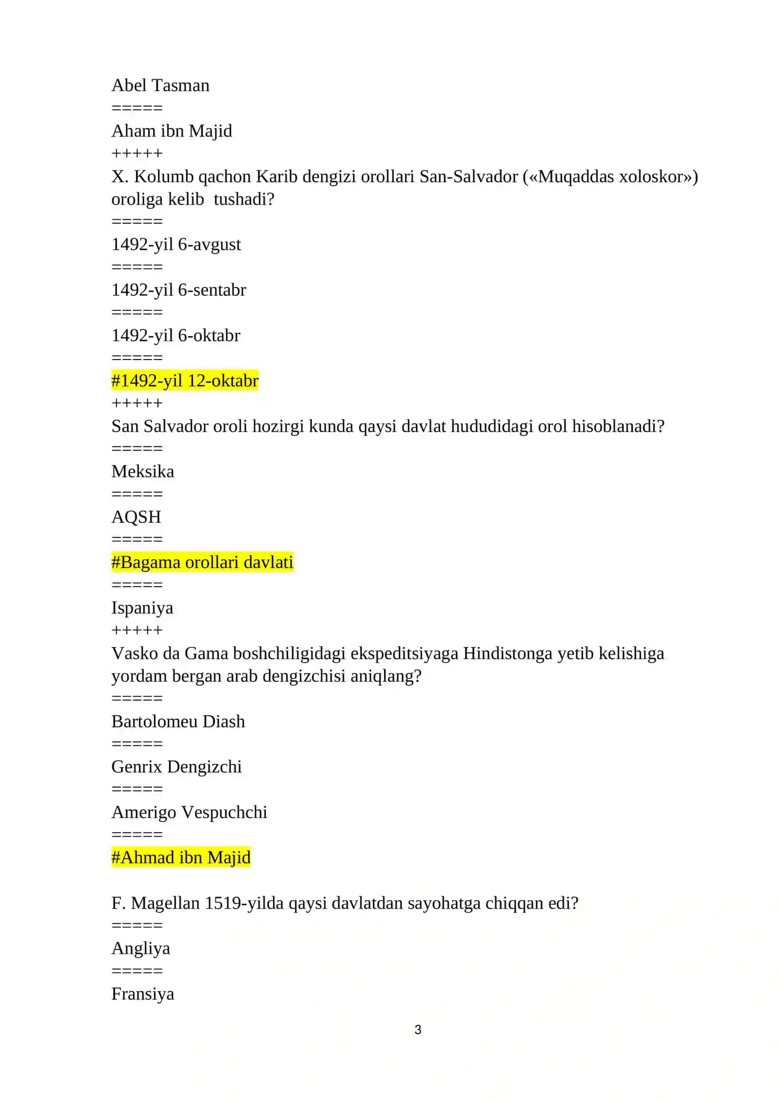 Jahon tarixi test 3
