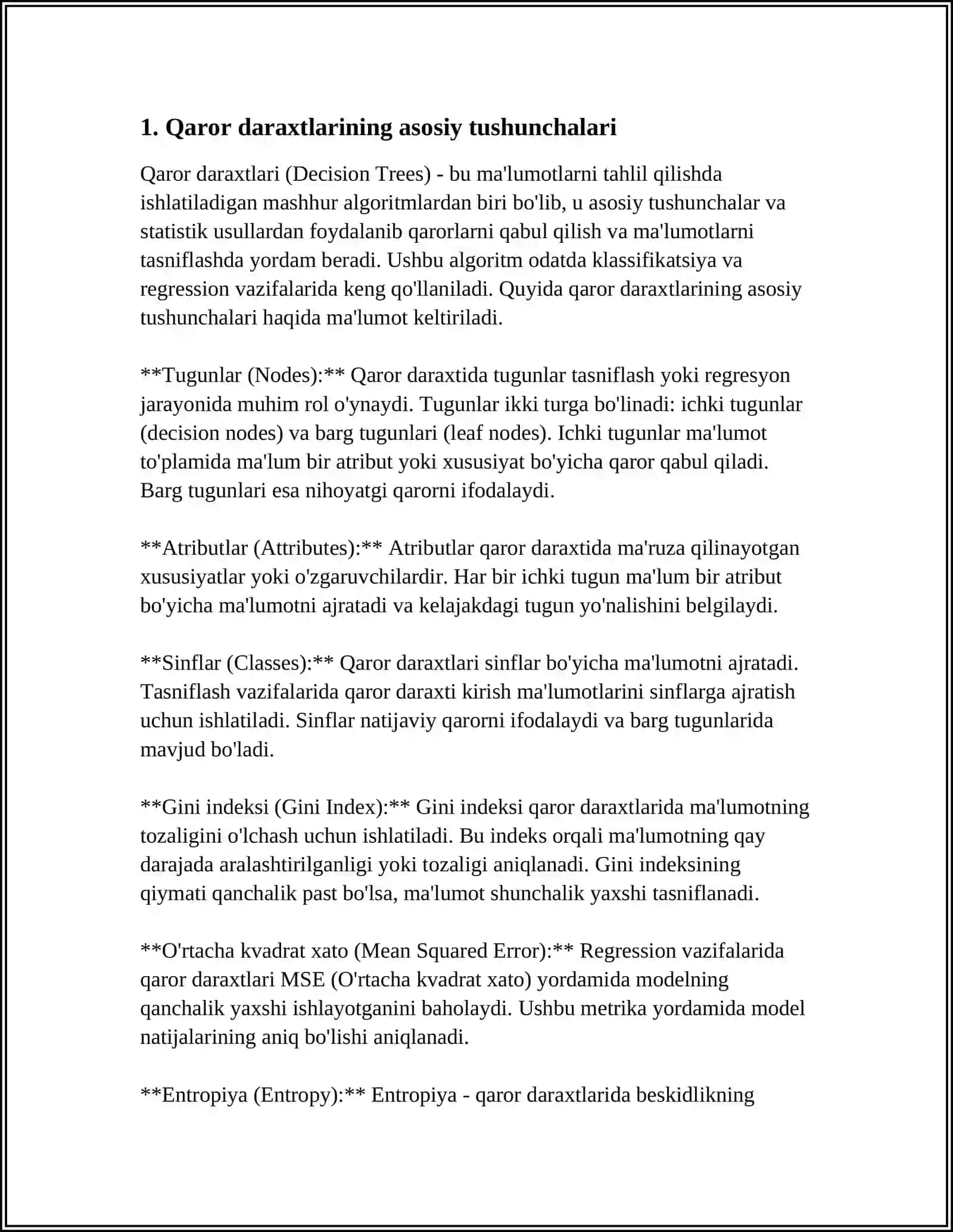 “KATTA MA'LUMOTLARNI QAYTA ISHLASH TEXNOLOGIYALARI VA USULLARI” FANIDAN QAROR DARXTLARINI QURISH MAVZUSIDA MUSTAQIL ISH 3