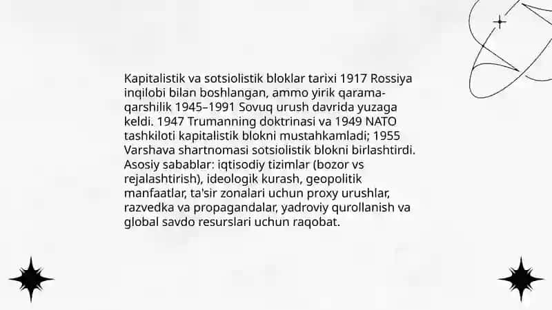 Kapitalistik va sotsiolistik bloklardagi qarama qarshiliklarga barham berish va eng yangi davrdagi muammolar 3