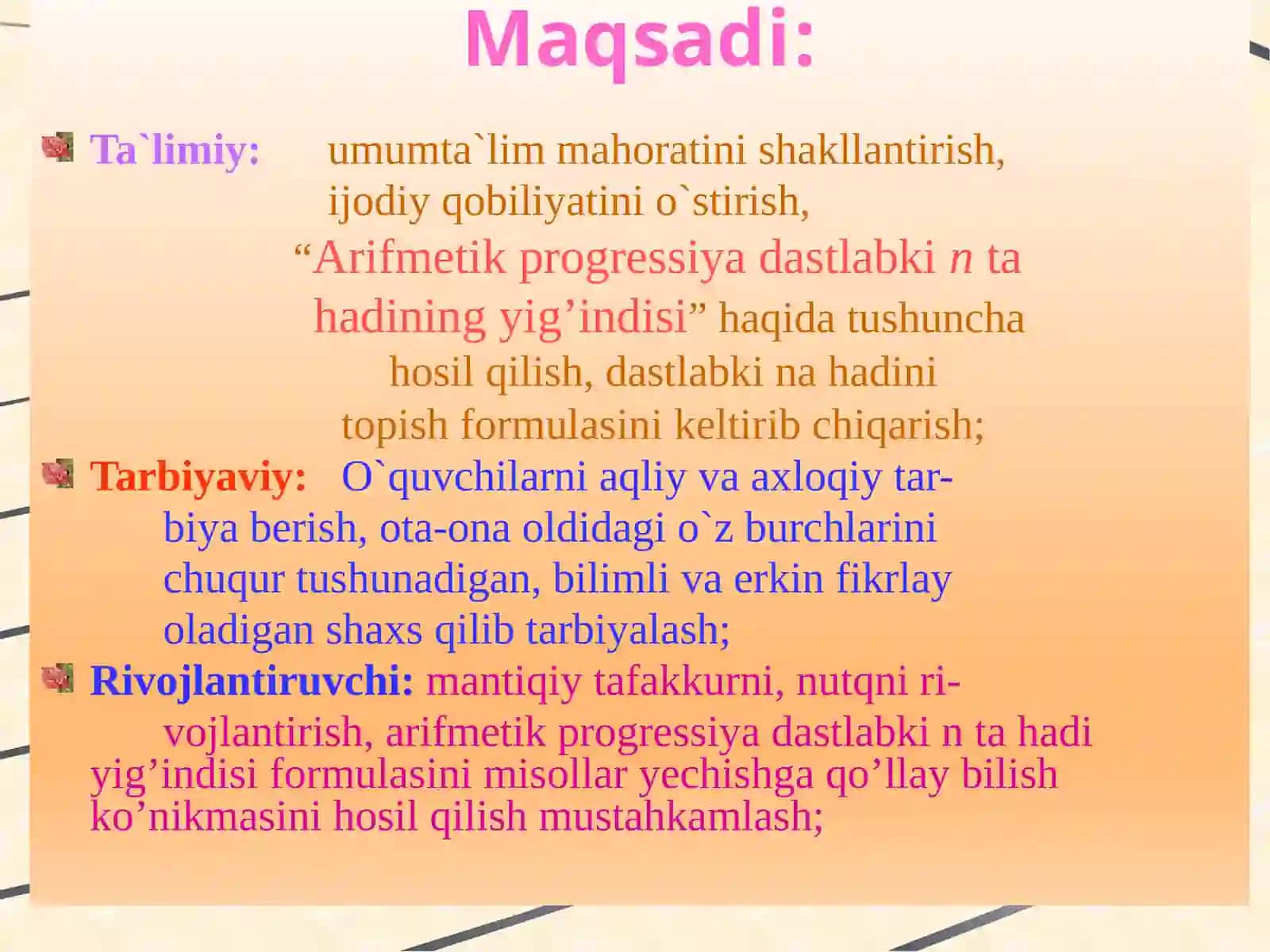 ARIFMETIK PROGRESSIYADASTLABKI N-TA HADINI YIG’INDISI 3