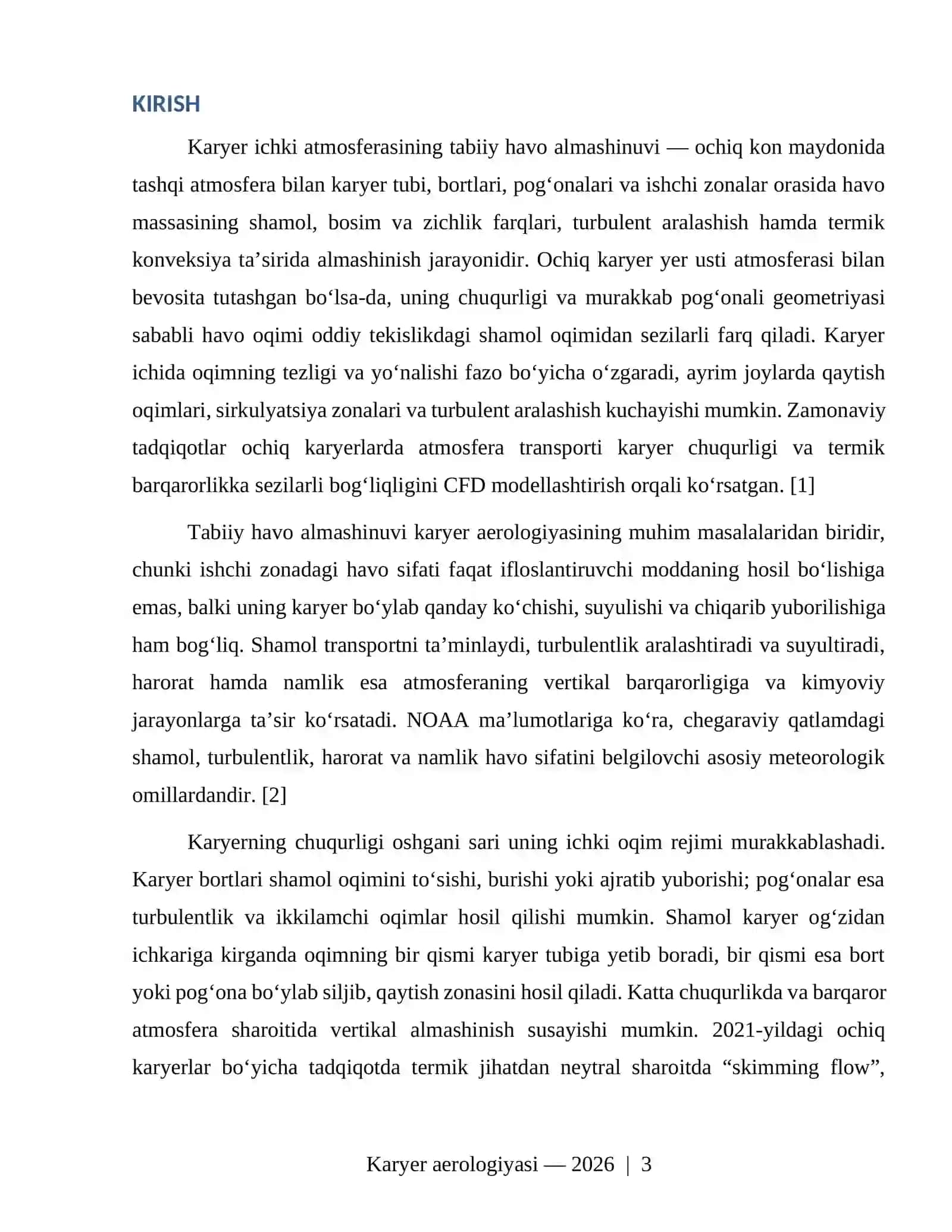 Karyer ichki atmosferasining tabiiy havo almashinuvi (aerodinamikasi) mexanizmlari 3