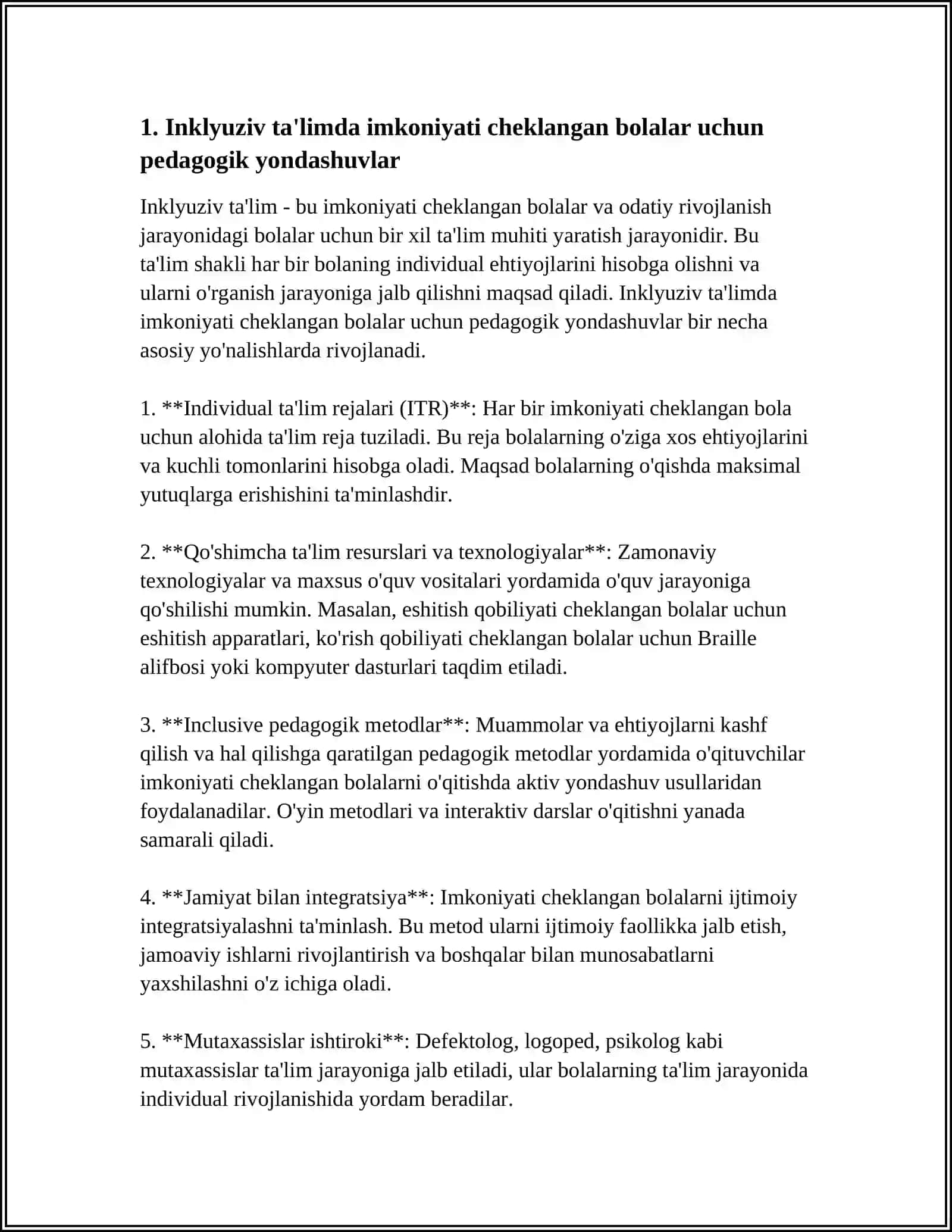 MUSTAQIL ISH Mavzu: INKLYUZIV TAʼLIM SHAROITIDA IMKONIYATI CHEKLANGAN BOLALARGA INKLYUZIV TAʼLIM TIZIMIDA KAREKSION-PEDAGOGIK ISHLAR 3