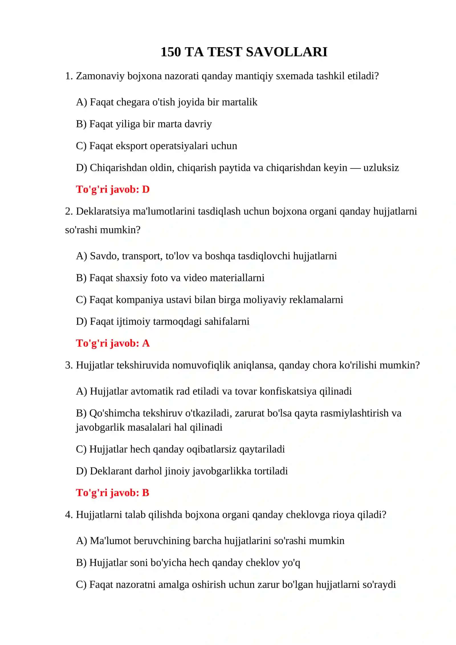 BOJXONA NAZORATI BO'YICHA SAVOLLAR 3