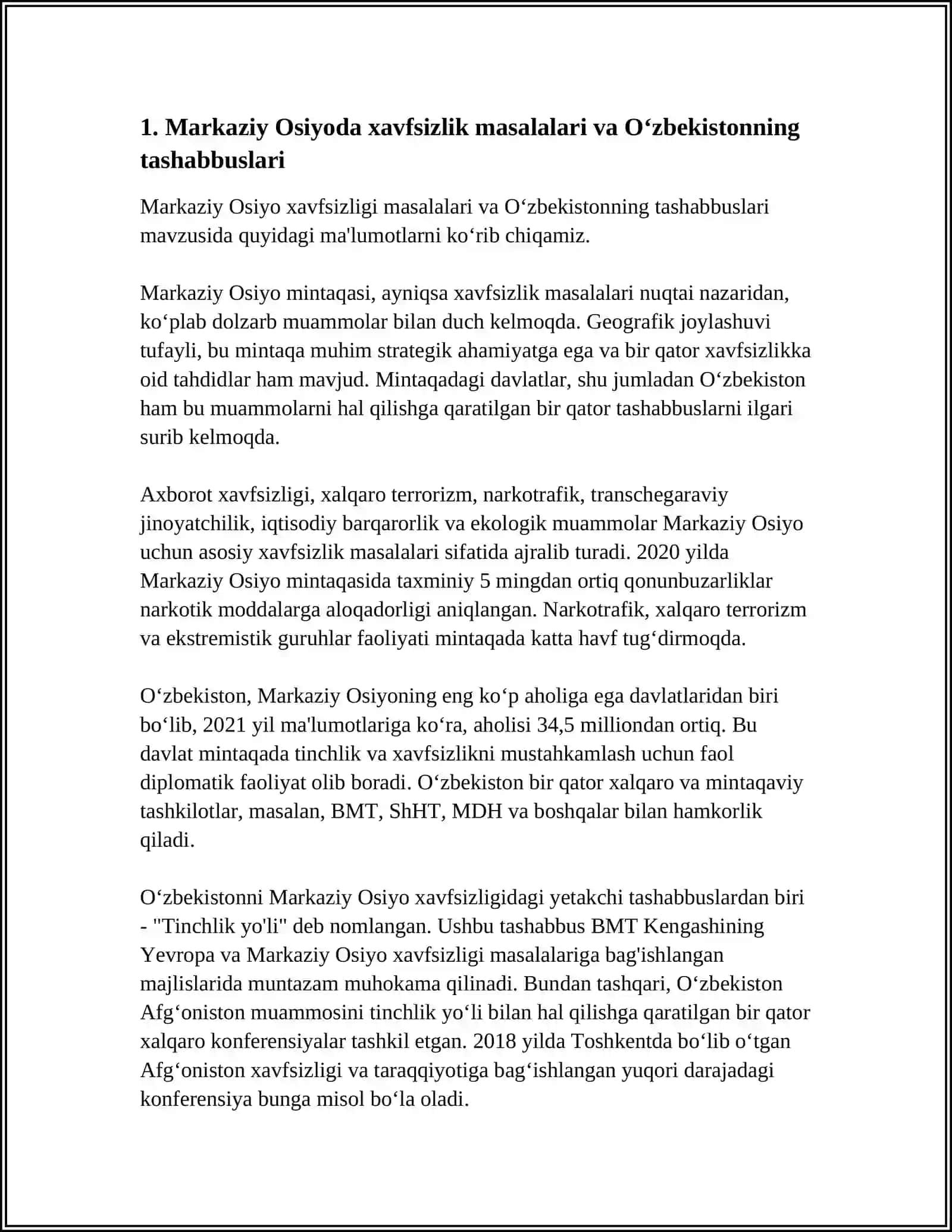 MARKAZIY OSIYODA XAVFSIZLIK MASALALARI, TERRORIZM, GIYOHVANDLIK VA ODAM SAVDOSIGA QARSHI KURASHDA O‘ZBEKISTON RESPUBLIKASINING ROLI 2 3