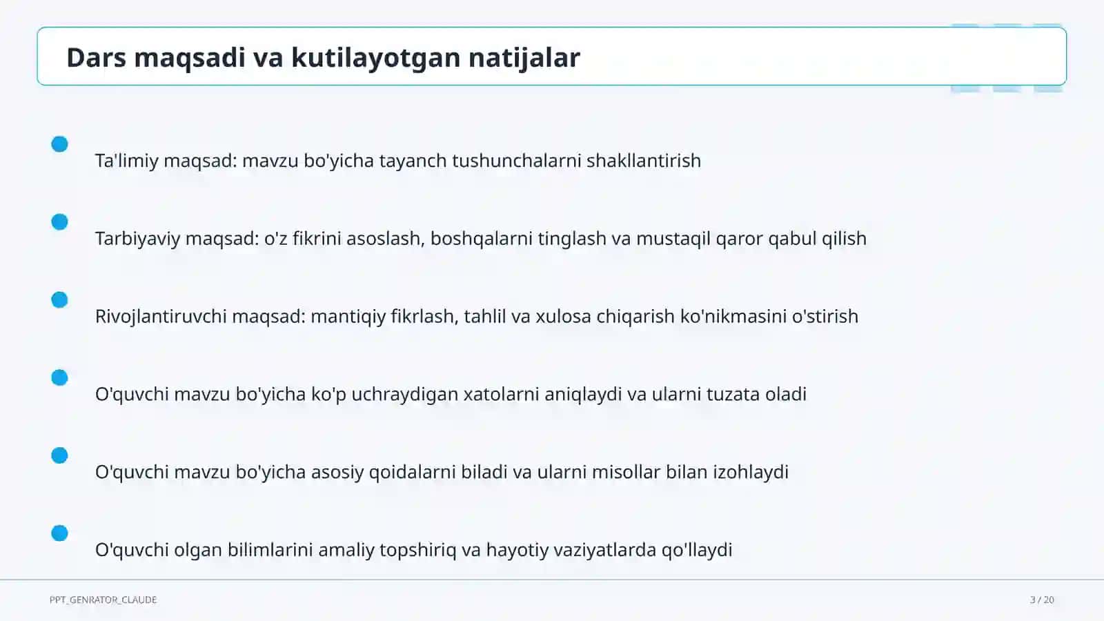 Dars tahlili: kuzatuv va baholash mezonlari 3