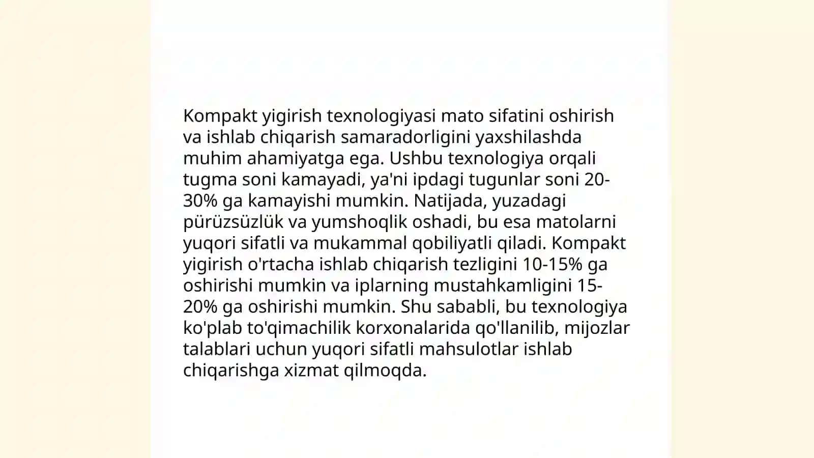 O‘zbekiston to‘qimachilik korxonalarida kompakt yigirish usuliningqo’llanilishi tahlili 3
