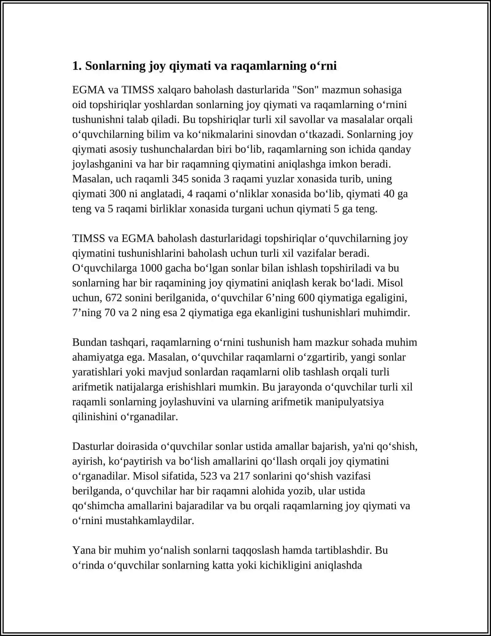 EGMA VA TIMSS XALQARO BAHOLASH DASTURIDA "SON" MAZMUN SOHASIGA OID TOPSHIRIQLAR 3