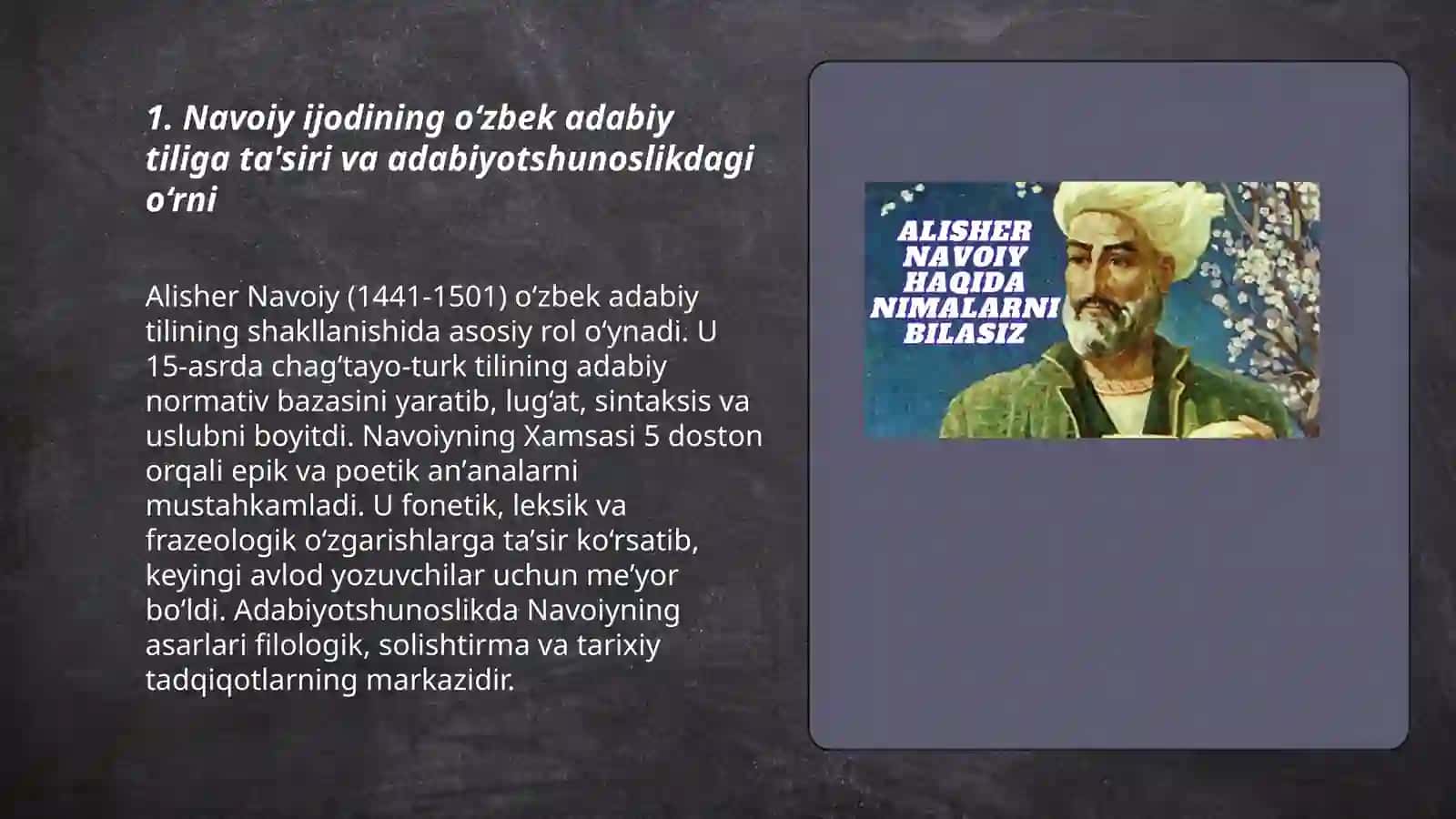 Alisher Navoiy ijodining adabiyotshunoslik dagi o'rni va tadqiqotlarni o'rganish, tahliliy taqdimot tayyorlash 3