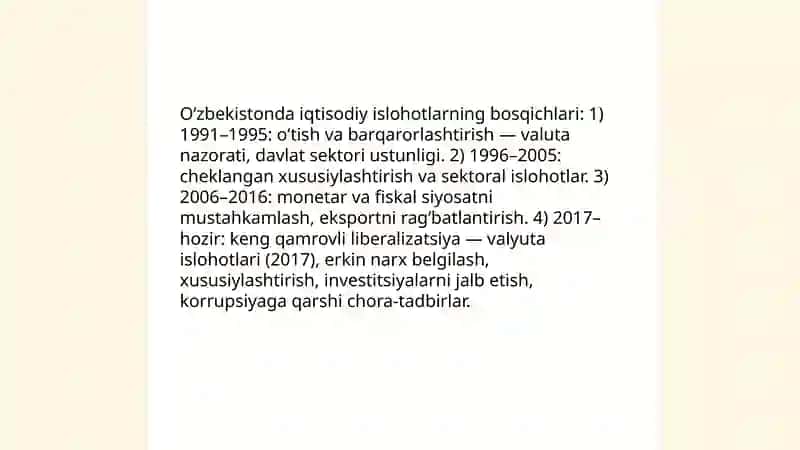 Iqtisodiy islohotlar, xususiy mulkchilikning shakllanishi. Oʻzbekistonda bozor munosabatlarining rivojlanishi 3