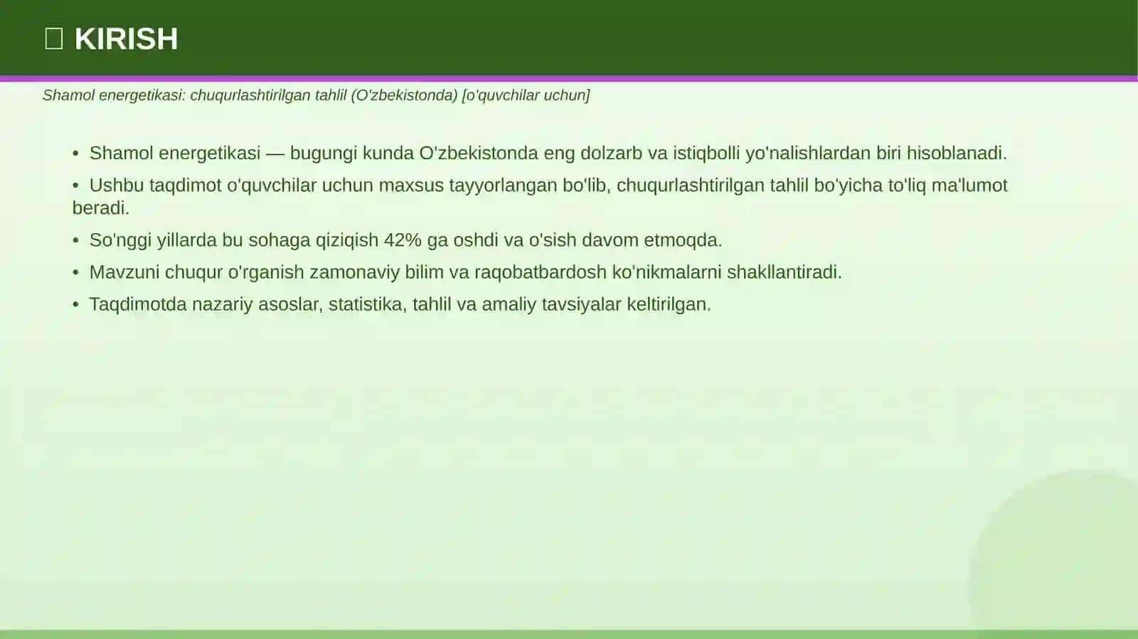 SHAMOL ENERGETIKASI: chuqurlashtirilgan tahlil (O'zbekistonda) 3