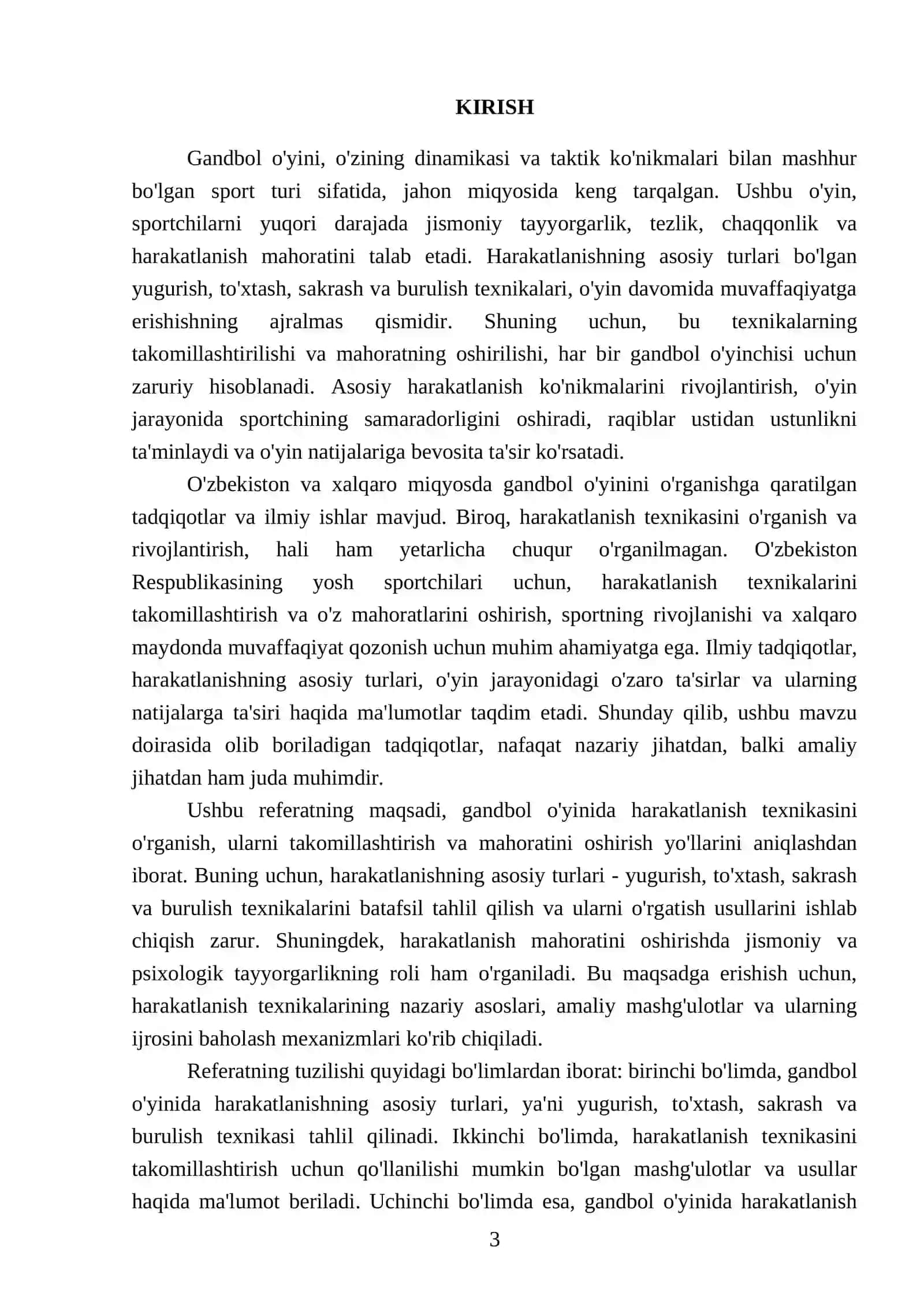Gandbol oʻyinida harakatlanish yugurish, toʻxtash, sakrash, burulish texnikasini oʻrgatishni takomillashtirish va mahoratini oshirish 3