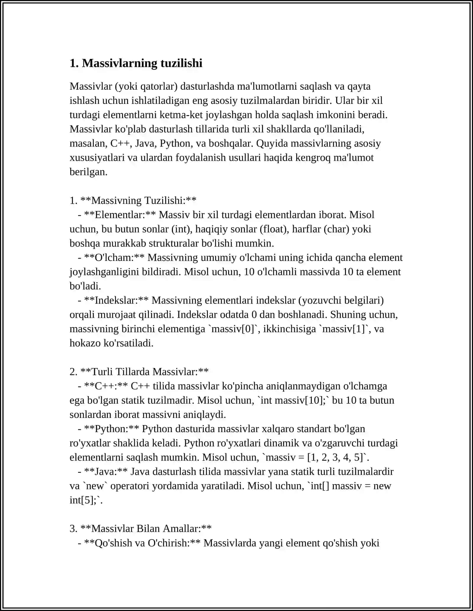 MA'LUMOTLARNING SOZLANGAN TURLARI: MASSIVLAR, VEKTORLAR, YOZUVLAR, TO‘PLAMLAR VA KO‘RSATKICHLI TURLAR 3