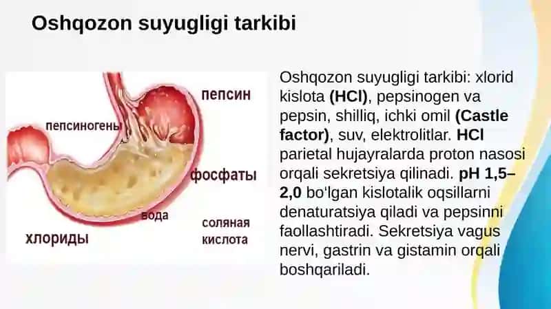 Oshqozon suyugligi tashxisining klinik ahamiyati. Giperatsid holatlarda va oshqozon-ichak yara kasalliklarida antasid preparatlarni qo'llashning biokimyoviy asoslari. Parenteral ovqatlanish va uni klinik ahamiyati. O'tkir pankreatit kelib chiqishi va davolashning biokimyoviy asoslari 3