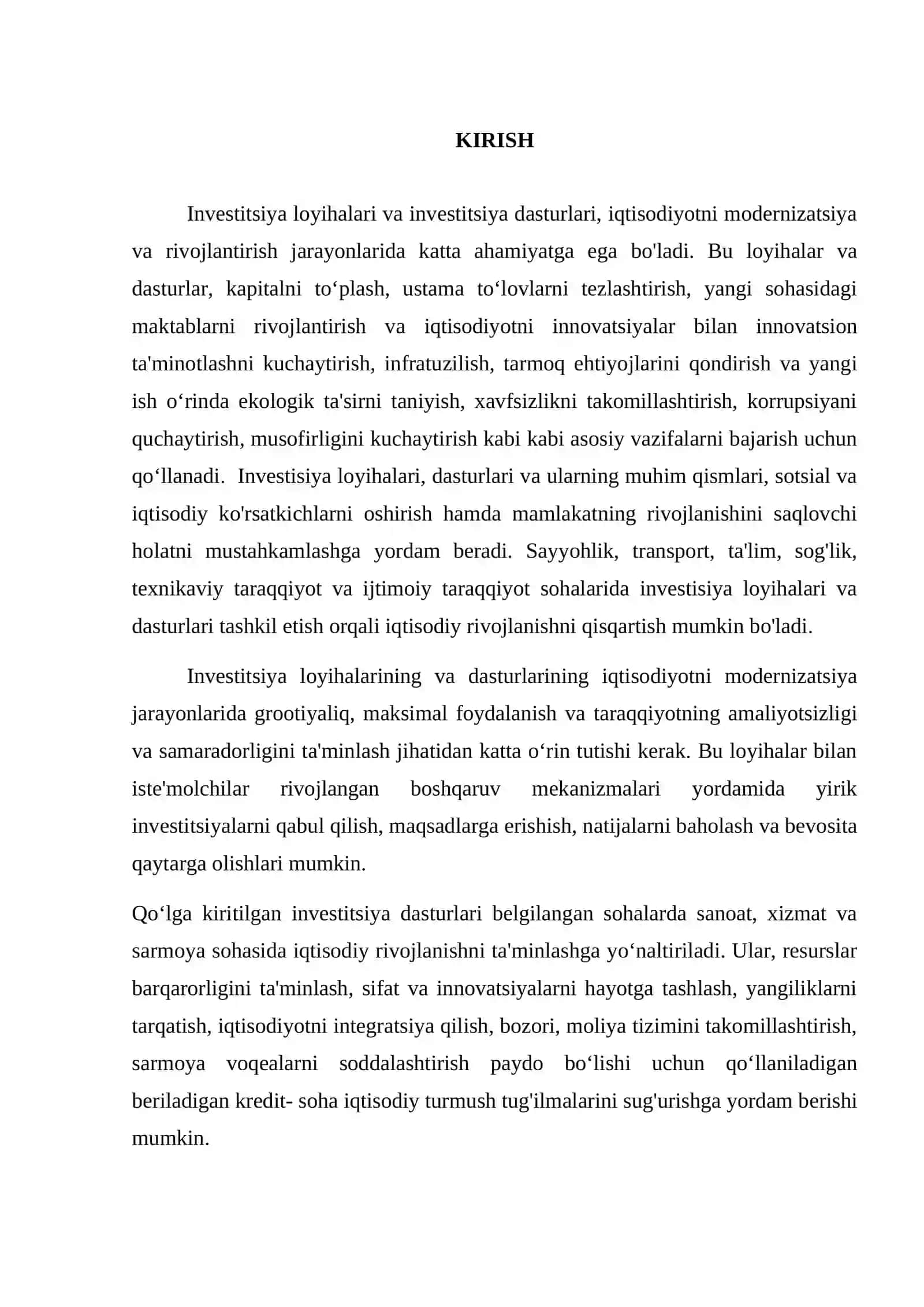 INVESTITSIYA LOYIHALARI VA INVESTITSIYA DASTURLARI HAMDA ULARNING IQTISODIYOTNI MODERNIZATSIYALASHDAGI O’RNI 3
