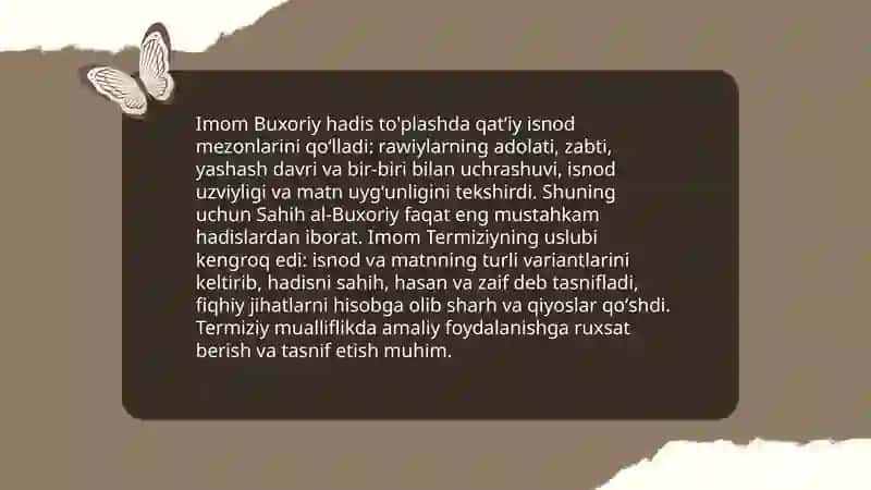 Imom Buxoriy va Imom Termiziyning hadis ilmiga qo'shgan hissalarini qiyosiy tahlili 3