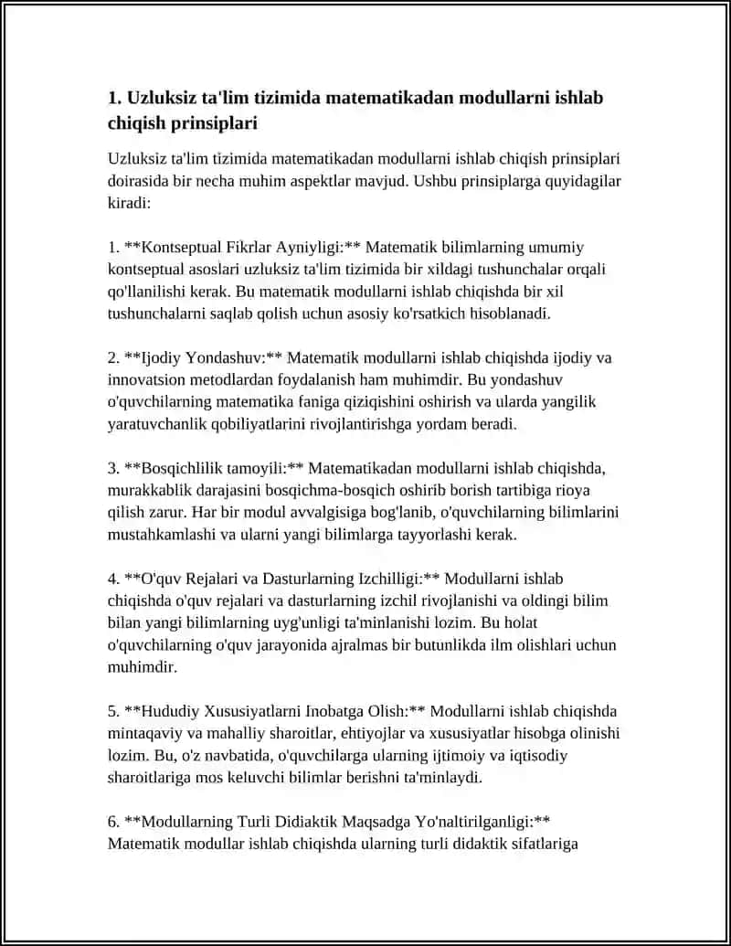 UZLUKSIZ TA'LIM TIZIMIDA MATEMATIKADAN MÒD, OʻQUV REJA VA DASTURLARNI OʻRGANISH,TAHLIL QILISH, UZVIYLIK VA IZCHILLILIGINI TA'MINLASH MASALALARI 3