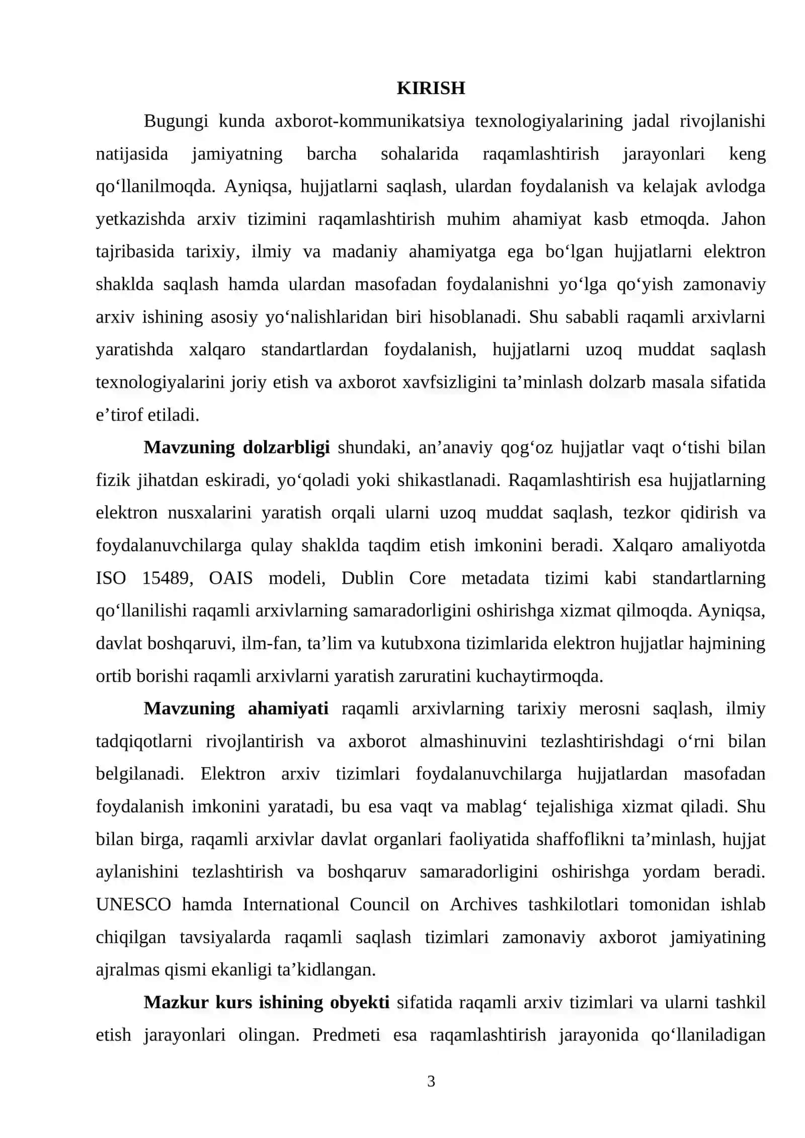 RAQAMLASHTIRISH RAQAMLI ARXIVLARNI YARATISHDA JAXON STANDARTLARI 3