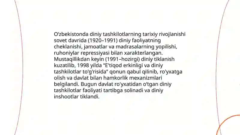 O'zbekistenda faoliyat yurituvehi diniy tashkilotlar. Xalgaro diniy tashkilotlar faoliyatining tarixi va ularing bargaror rivojlanish maqsadlariga erishishdagi ahamiyati 3
