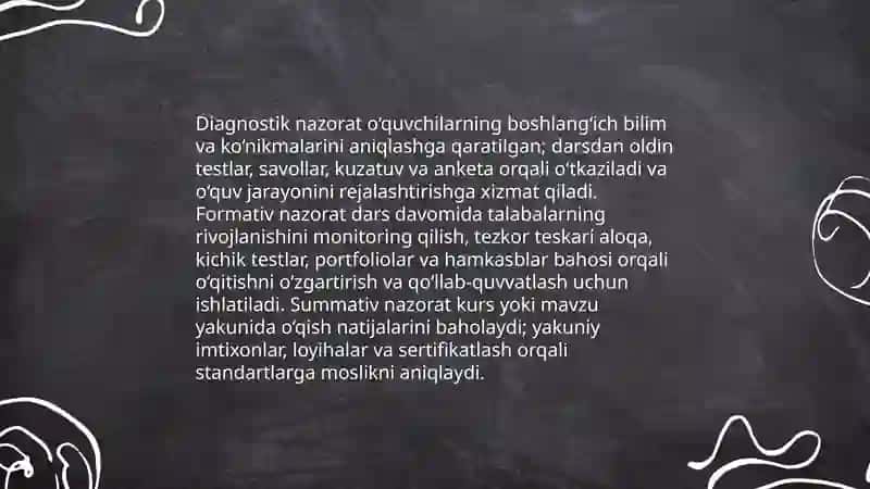 Oʻquvchilarning bilim kónikma va malakalarini nazorat qilish turlari,shakli metodlari.Óquvchilarni baholash mezonlari 3
