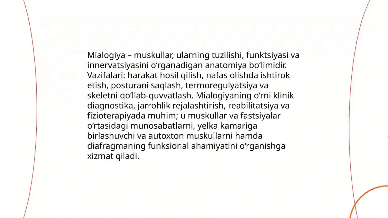 Mialogiya faniga kirish.  Koʻkrak muskullari va fastsiyalari. Koʻkrakning yelka kamariga birlashuvchi va autoxton muskullari. Diafragma, uning tuzilishi, topografiyasi va funktsiyasi 3