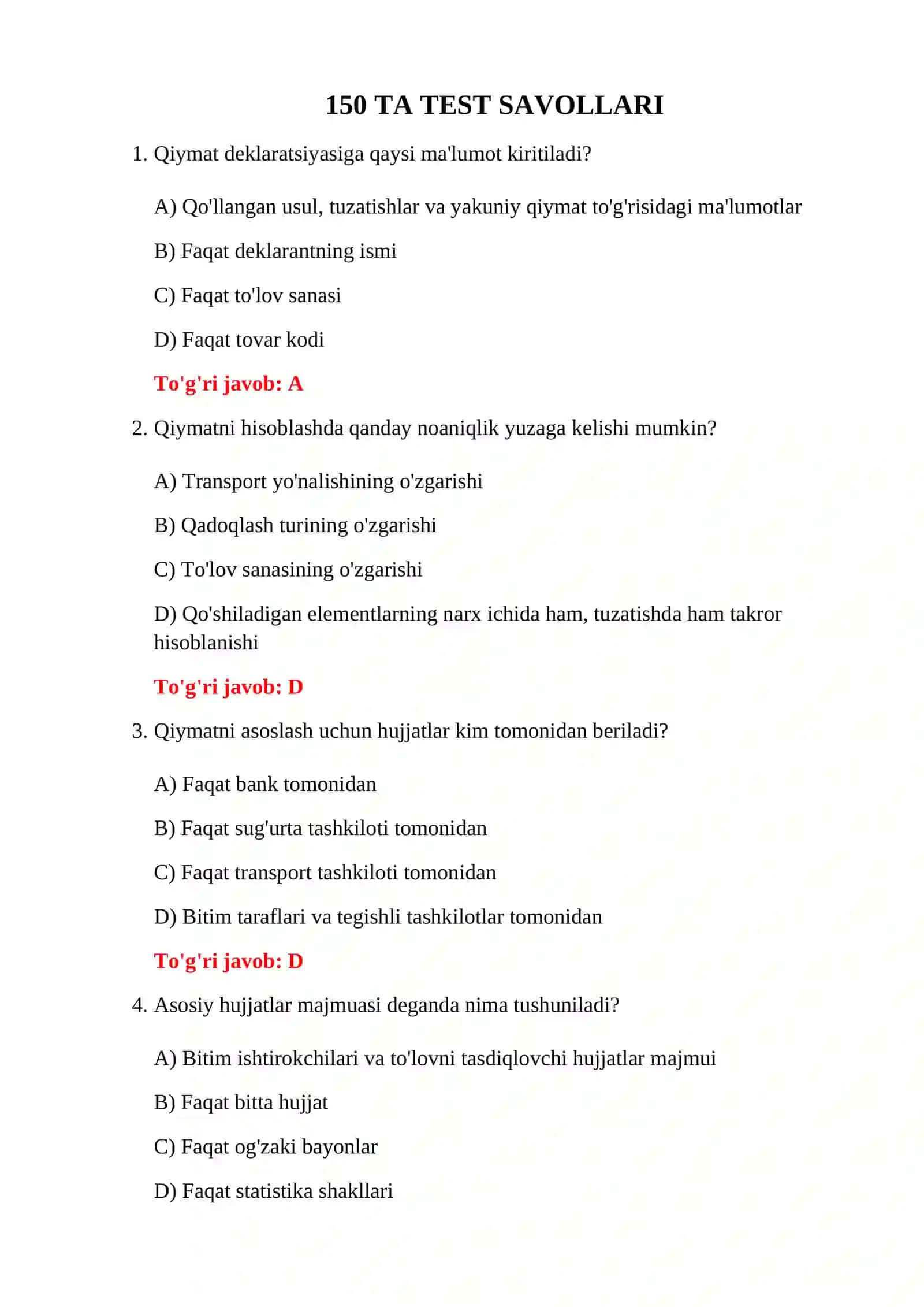 TOVARLARNING BOJXONA QIYMATI TESTLARI 3